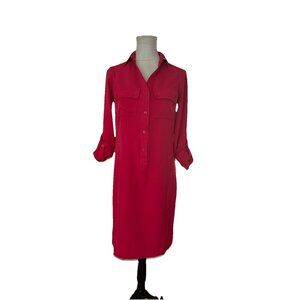 Jones New York Button Front Shirt Dress Raspberry Pink Roll Tab Sleeve Sz 4 READ
